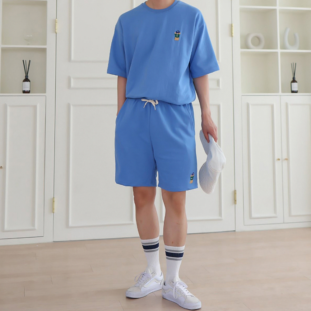 여름 곰돌이 반바지 트레이닝복 세트 / 곤색 백염 블루 크림